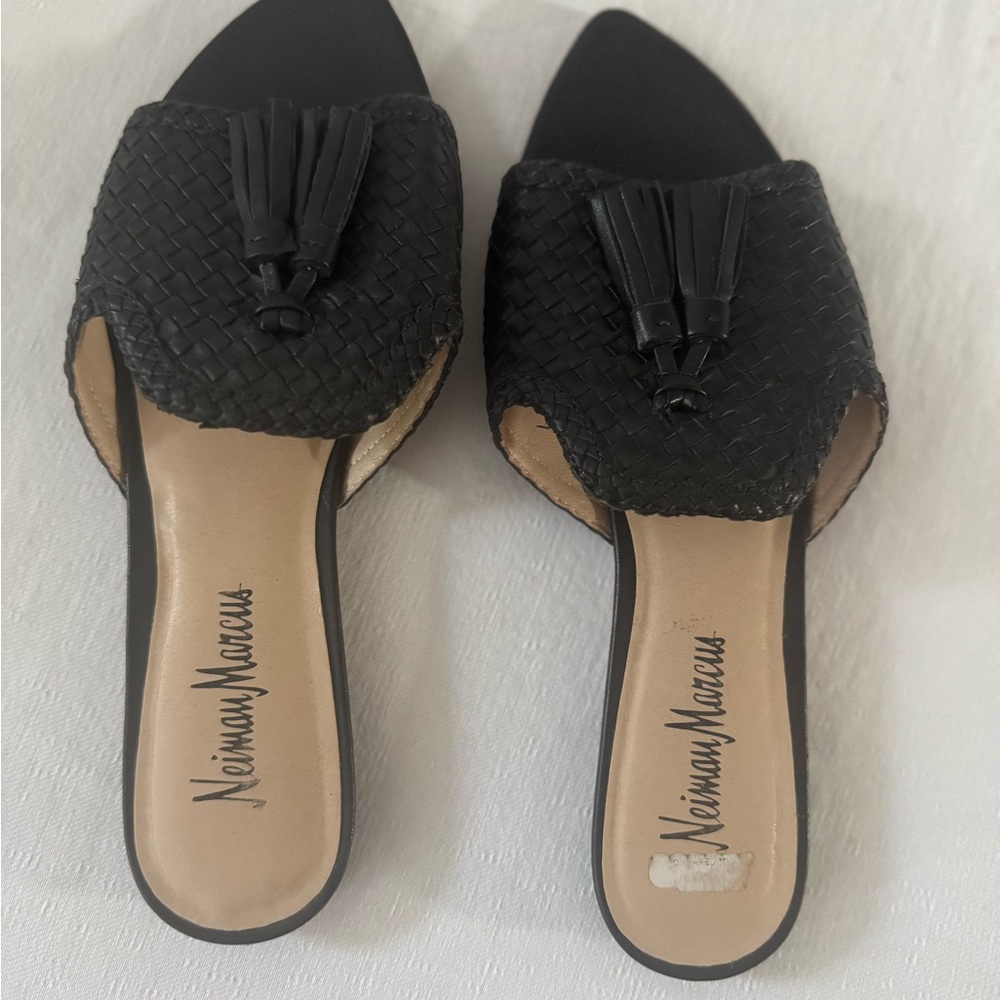 Neiman Marcus Black Woven Mules with Tassels
